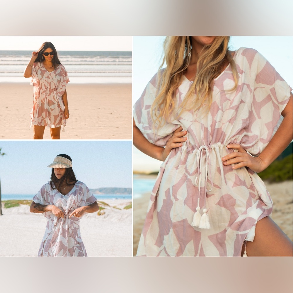 Paradiso Poolside Islander Coverup Dress Pink White Tassel XS/S NWT